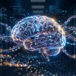 青や金の光沢を帯びた、複雑な神経回路網とデータストリームで構成されるAIの脳。暗いデータセンターを背景に、NLP、LLM、ロボットアーム、顔認識、スマートシティ、地球儀などを表すアイコンやテキストが、光るケーブルでAIの脳から伸びている。未来的でハイテクな雰囲気のアイキャッチ画像。