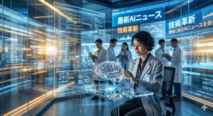 最先端のAI研究所で、研究員の女性が、透明なガラスデスク上に投影された、青く光る脳のホログラムを操作している。背景には、他の白衣の研究員たちがタブレットを手にデータを確認している様子が写り、壁一面には「最新AIニュース」「技術革新」などの日本語テキスト、グラフ、プログラムコードが表示された巨大な半透明モニターが広がっている。未来的で活気のある技術研究の現場を描いたアイキャッチ画像。