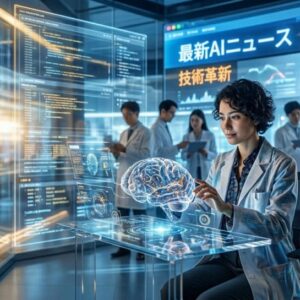 最先端のAI研究所で、研究員の女性が、透明なガラスデスク上に投影された、青く光る脳のホログラムを操作している。背景には、他の白衣の研究員たちがタブレットを手にデータを確認している様子が写り、壁一面には「最新AIニュース」「技術革新」などの日本語テキスト、グラフ、プログラムコードが表示された巨大な半透明モニターが広がっている。未来的で活気のある技術研究の現場を描いたアイキャッチ画像。