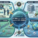 XRP最新ニュースまとめ｜Ripple・XRPL関連動向 XRPとRippleエコシステムの動向を詳細にまとめた日本語のインフォグラフィックです。中央の「SUMMARY HUB（サマリーハブ）」を中心に、4つの主要なテーマが四隅に配置され、矢印でつながれています。