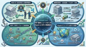 XRP最新ニュースまとめ｜Ripple・XRPL関連動向
XRPとRippleエコシステムの動向を詳細にまとめた日本語のインフォグラフィックです。中央の「SUMMARY HUB（サマリーハブ）」を中心に、4つの主要なテーマが四隅に配置され、矢印でつながれています。